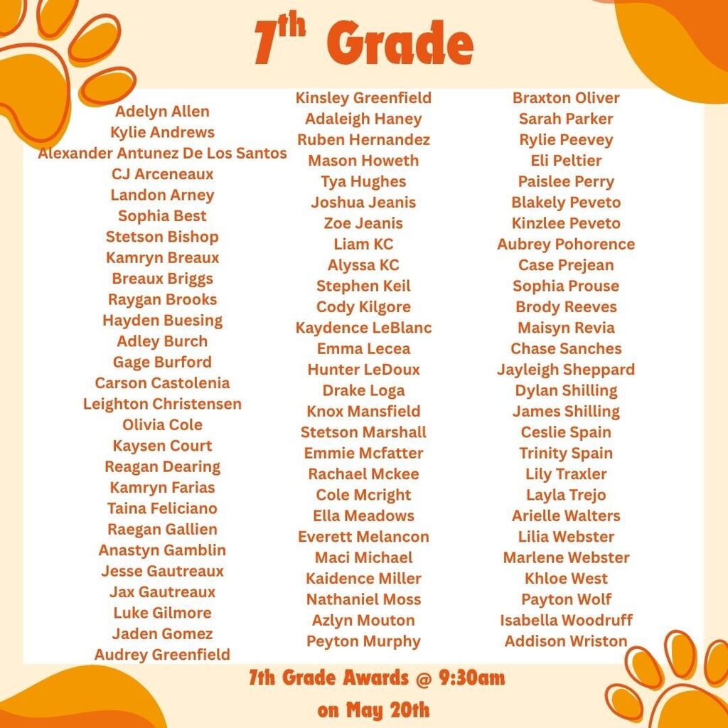 A flyer announcing 7th grade students who will be receiving an award on May 20th at OJH.