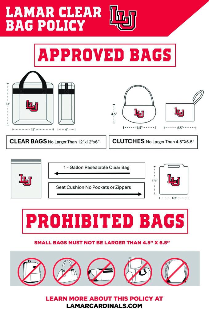 An infographic detailing Lamar University's clear bag policy. It lists approved bags, including a clear bag, clutch, and seat cushion. It also shows prohibited bags and their maximum sizes.