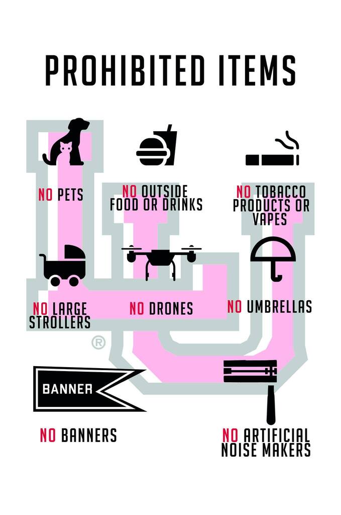 A diagram shows prohibited items in a public space, including pets, outside food or drinks, tobacco products, drones, umbrellas, large strollers, banners, and noise makers.