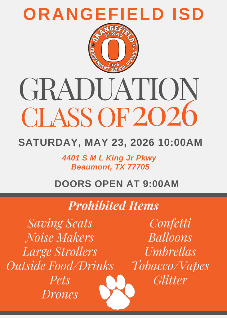 A graduation invitation with an orange-and-white color scheme, featuring the text "GRADUATION CLASS OF 2026."
