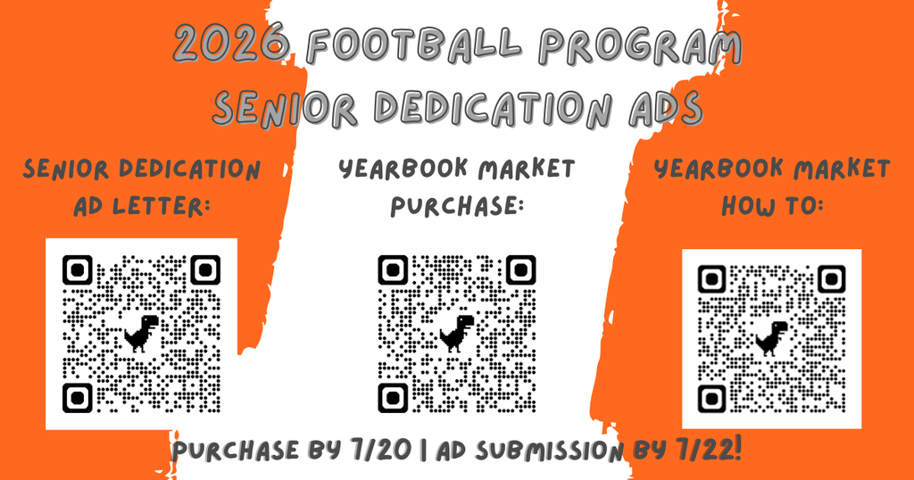 An orange background displays text and QR codes for 2026 Football Program Senior Dedication Ads, including ad letter, purchase, and how-to.