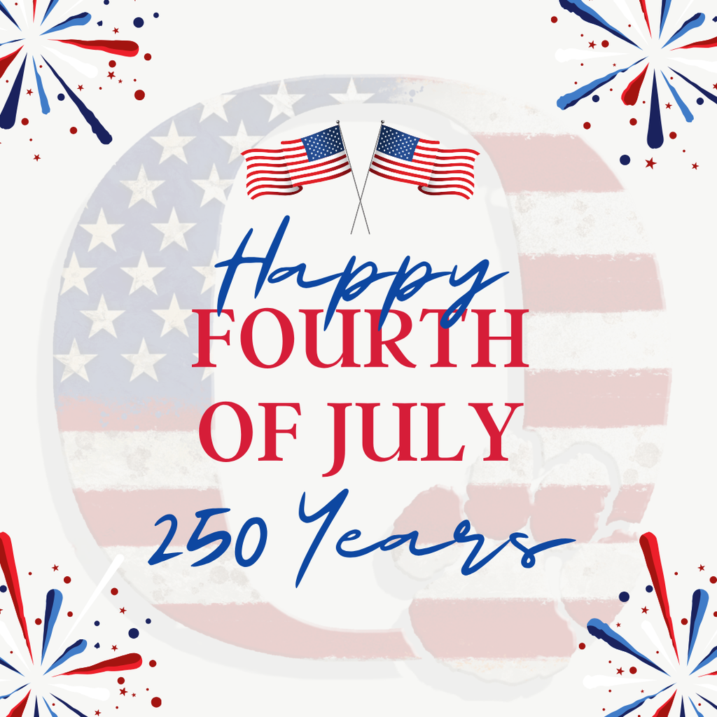 Patriotic design with American flags, fireworks, and "Happy Fourth of July 250 Years" written in blue and red.