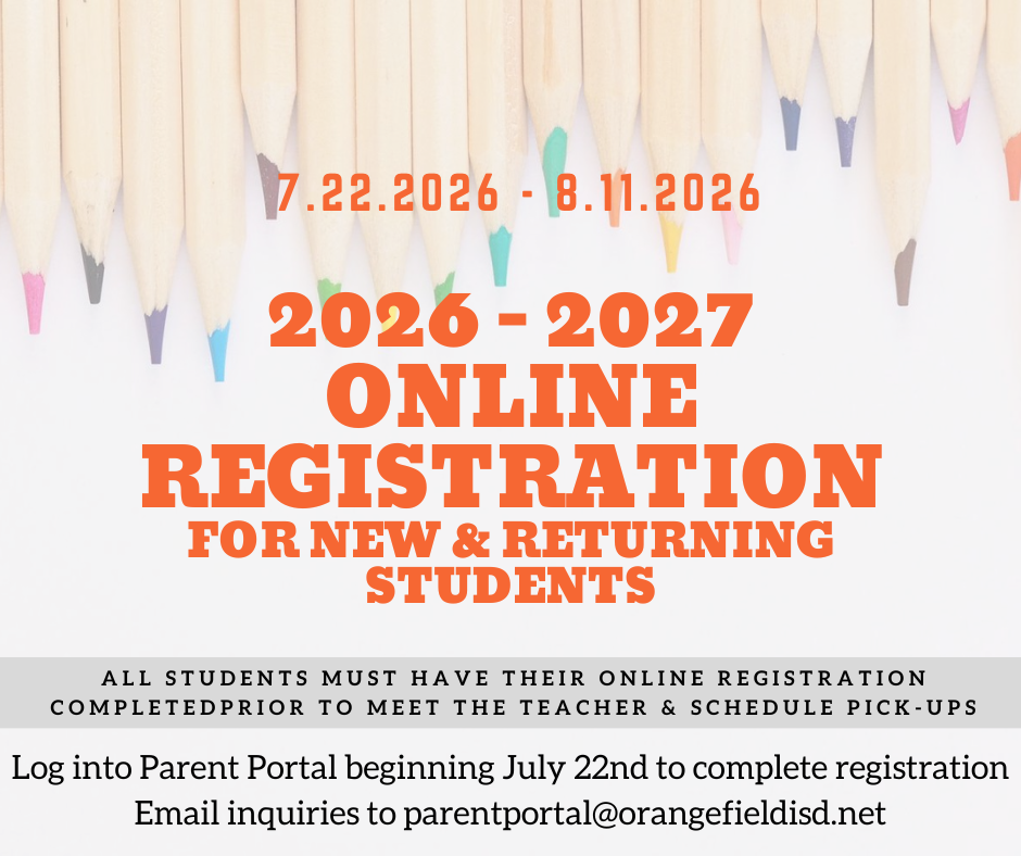 An advertisement with colored pencils in the background. It reads "2026-2027 Online Registration for New & Returning Students".