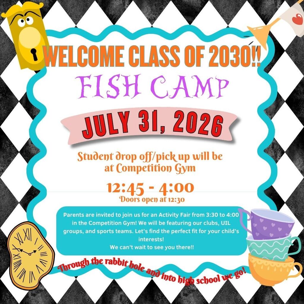 A colorful invitation card for Fish Camp on July 31, 2026, for the class of 2030. It includes a drop-off time at Competition Gym.