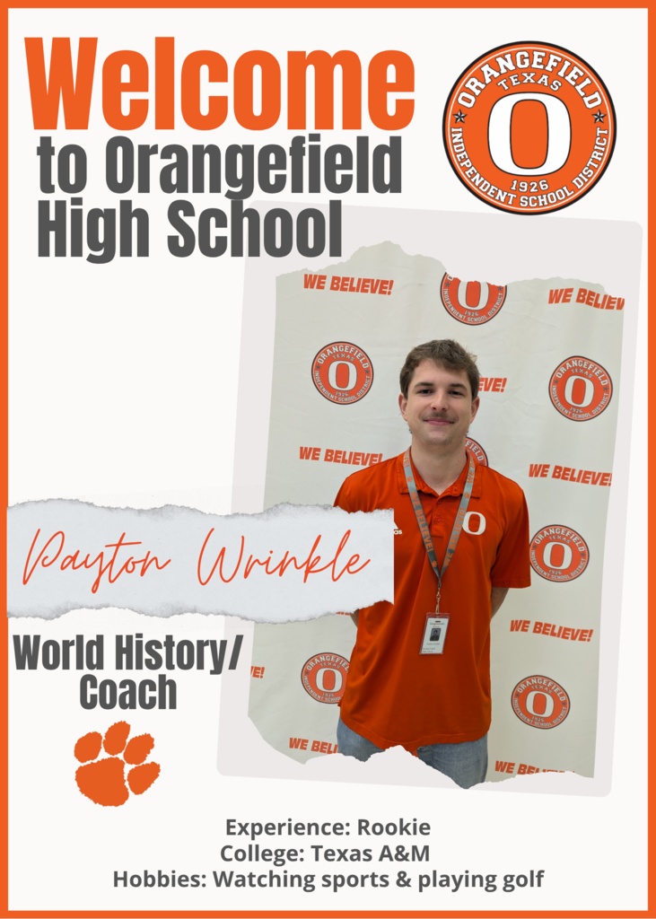 A man in an orange shirt stands before a backdrop of banners. Text reads "World History/Coach." His name is Payton Wrinkle.