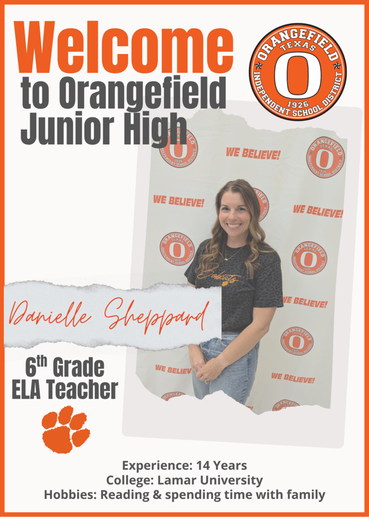 A poster promoting Orangefield Junior High features a photo of a smiling woman in a black shirt and jeans.