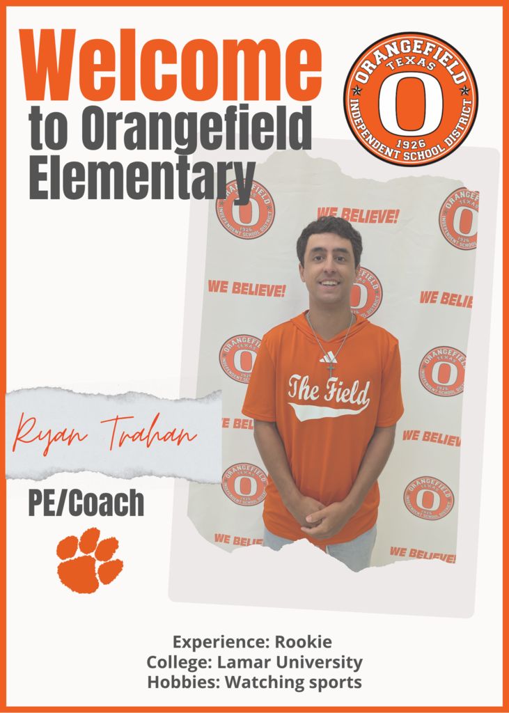 A man stands in front of a banner. He wears an orange shirt with a logo. Text reads "Welcome to Orangefield Elementary".