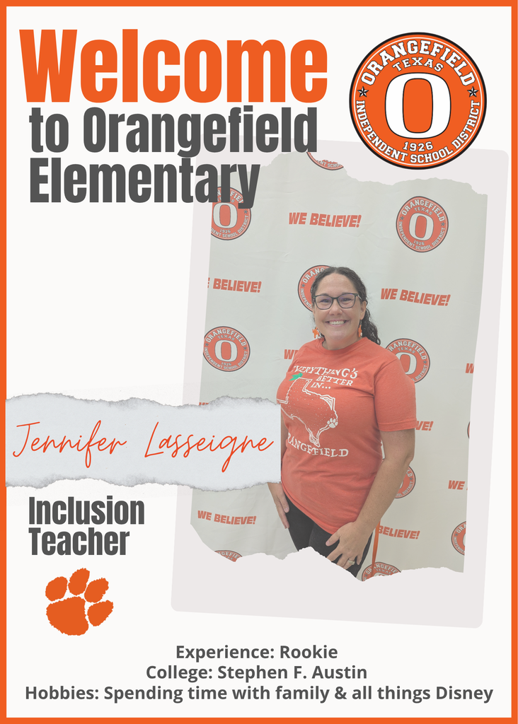 An adult woman stands smiling, wearing an orange shirt, with a paw print and "Welcome to Orangefield Elementary" text.
