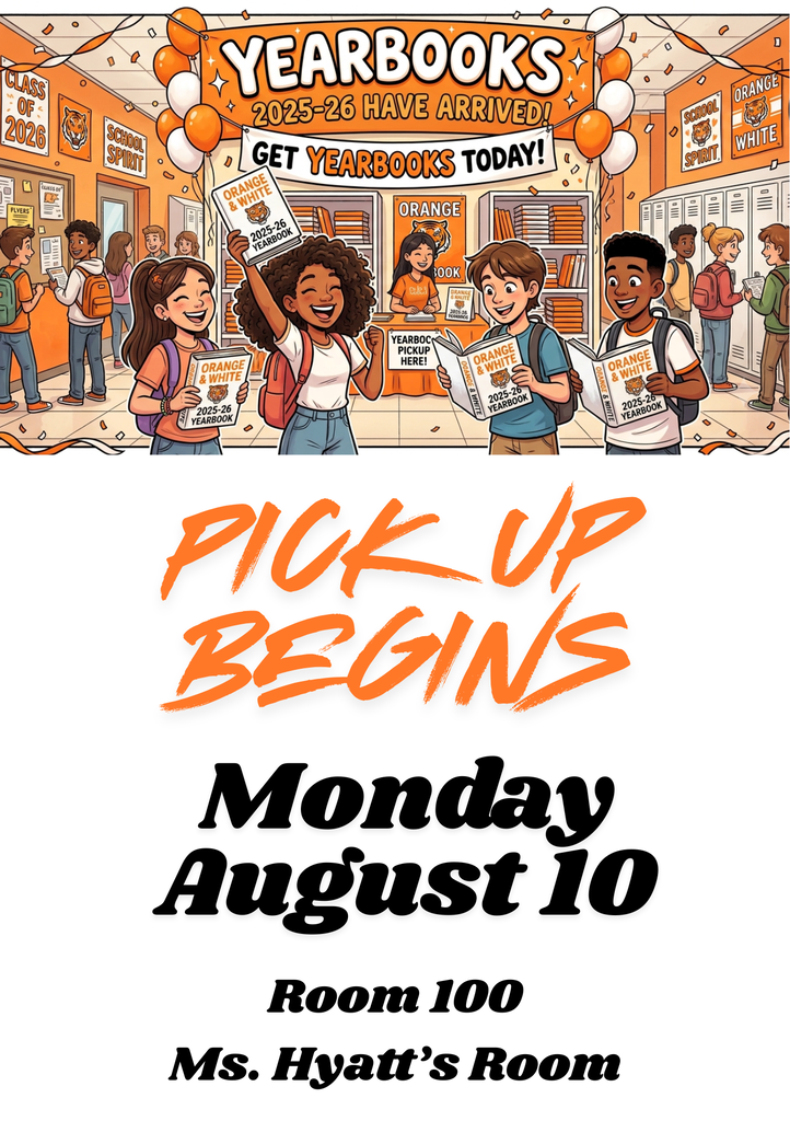 Cartoon of students holding yearbooks and picking them up from a school on August 10.