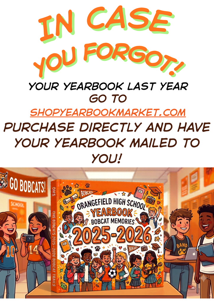 Advertisement featuring a table with a yearbook, text reading "In Case You Forgot!", and students around it. Background shows a school corridor.