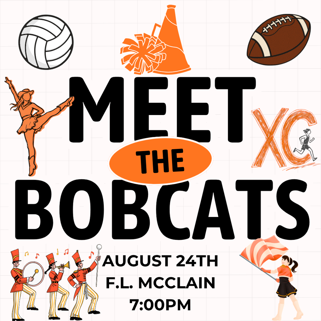 Graphic displays the words "Meet the Bobcats" with various sports equipment and cheerleaders.