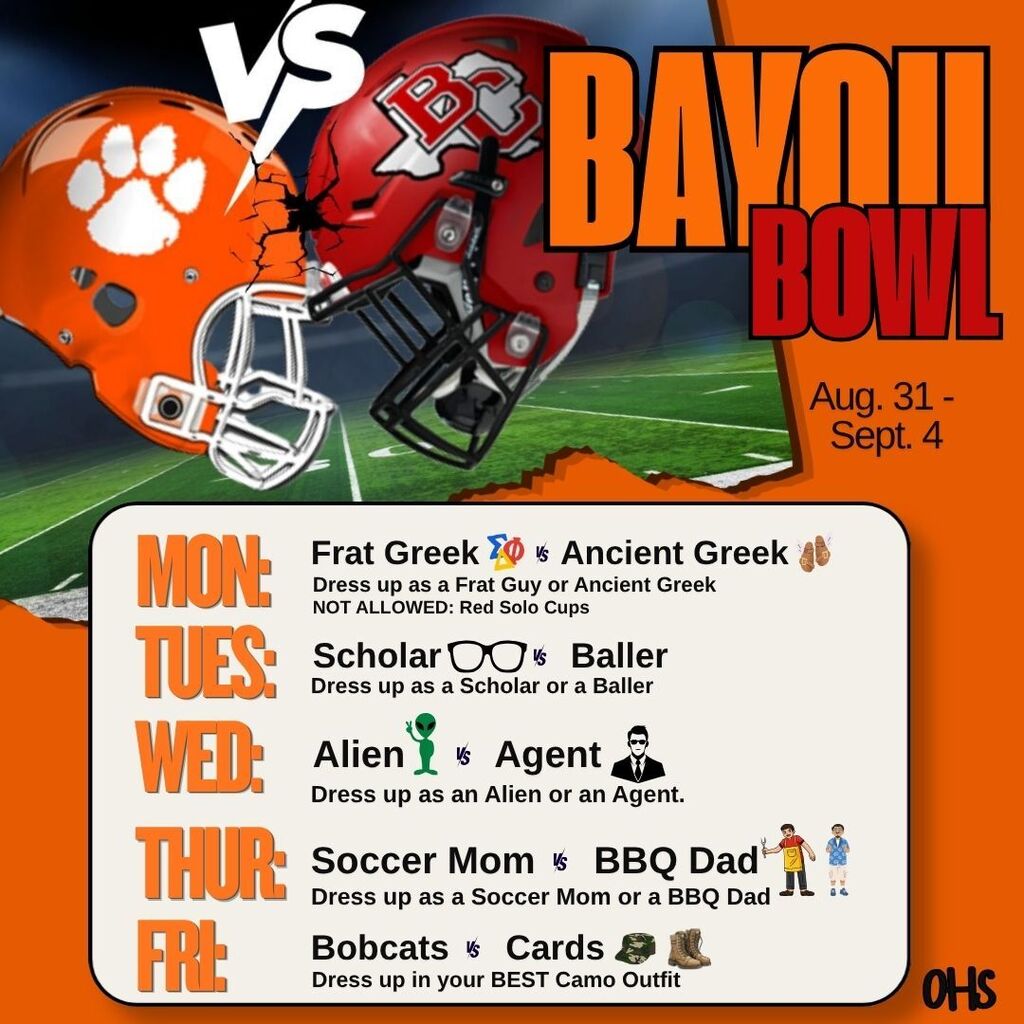 Poster advertising themed days for the Bayou Bowl. Helmets and footballs are shown. Days listed are Monday to Friday.