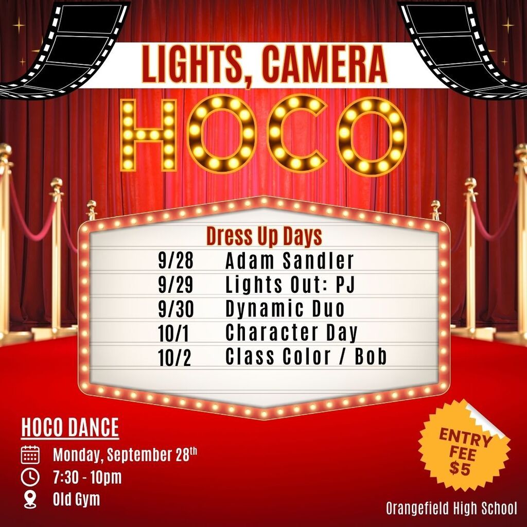 Flyer for a movie-themed dance with a red carpet. Dates include September 28, 29, 30, October 1, and 2.
