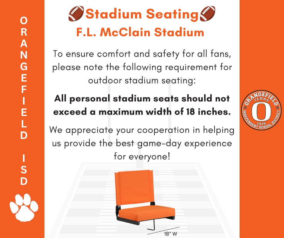 An orange chair sits on a field with a white background. The text reads "F.L. McClain Stadium" and "Orangefield ISD".