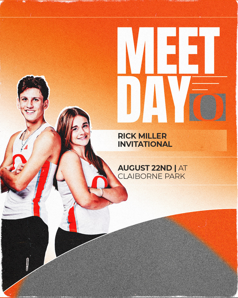 Two people stand next to each other, smiling, wearing matching athletic gear. Text reads "Meet Day" and "Rick Miller Invitational."