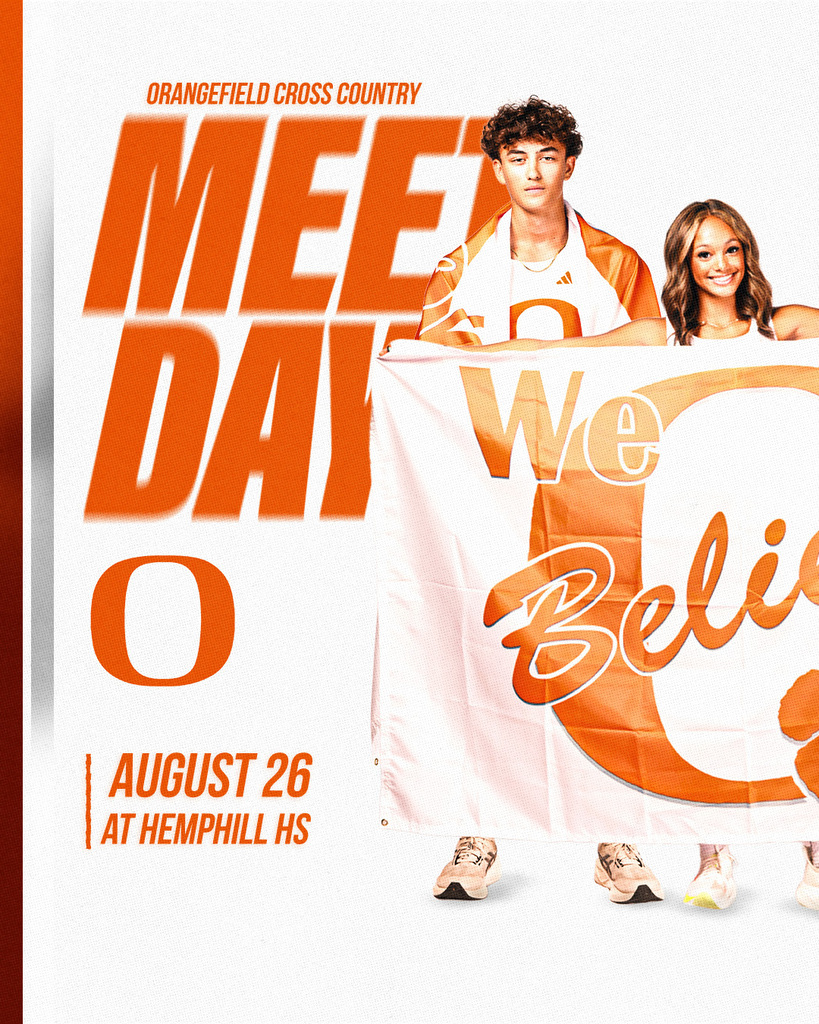 Poster with text "Meet Day" featuring two students holding a banner. Background is white.