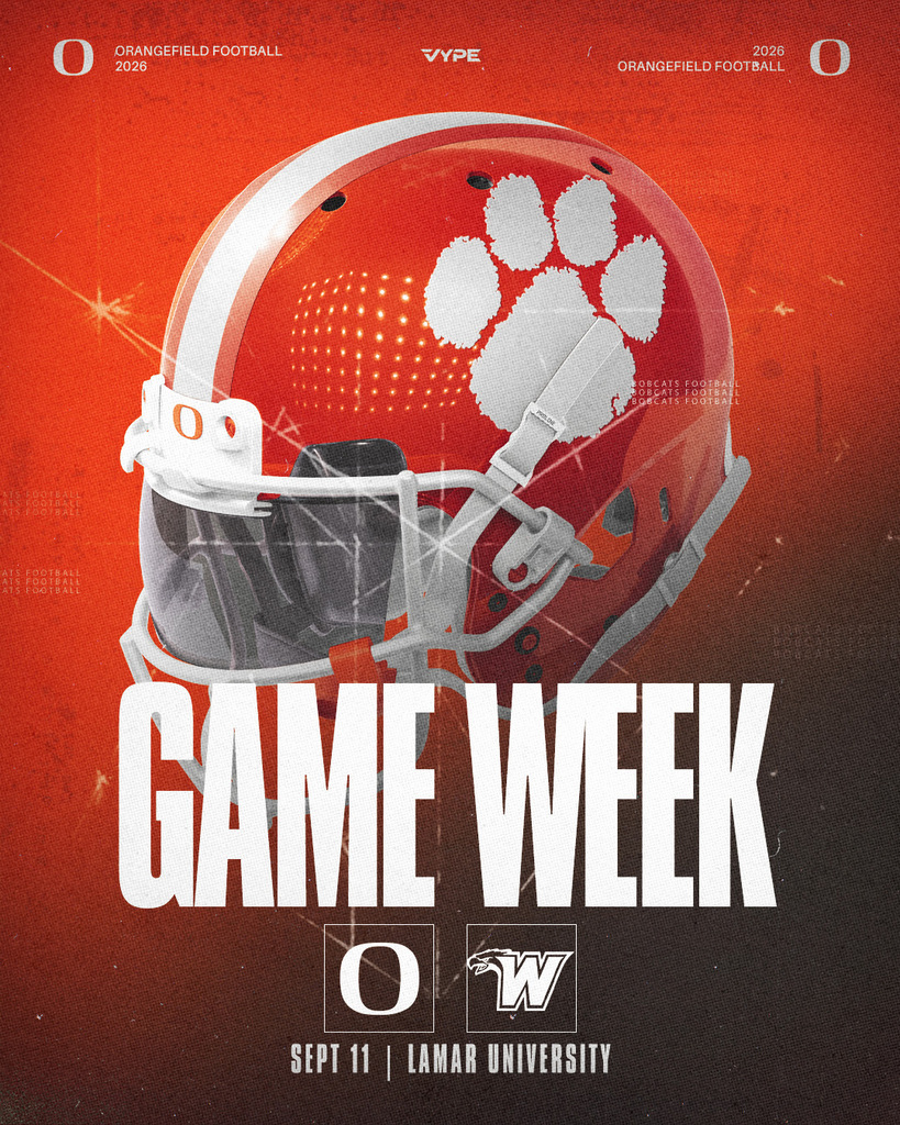 Red poster with "GAME WEEK" text. Helmet is red and white with paw print. Date and university names are below.
