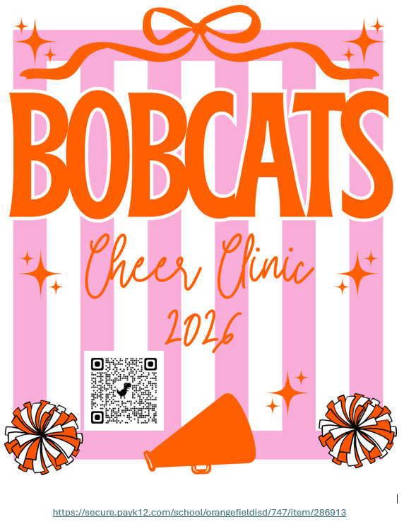 Pink and white striped poster. "BOBCATS Cheer Clinic 2026" in large orange letters. Stars, ribbons, and pom-poms adorn the design. QR code at the bottom.