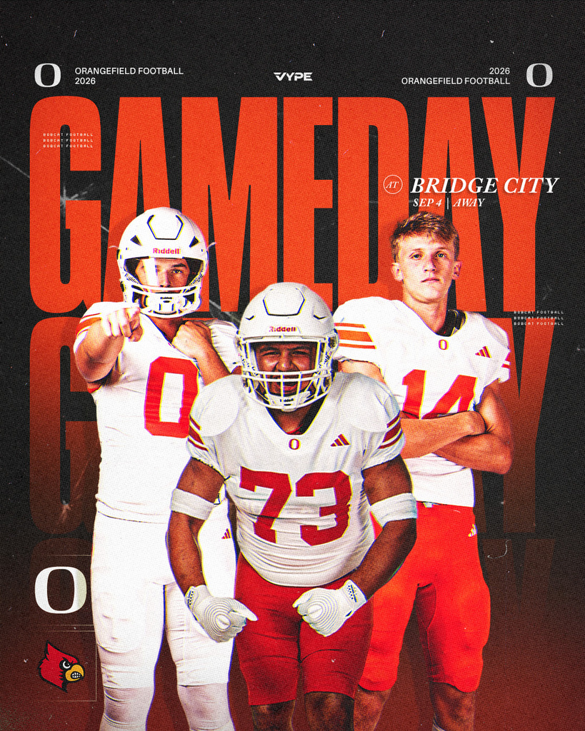 Three football players in white and red uniforms, one in red shorts, stand in front of an orange and red background.