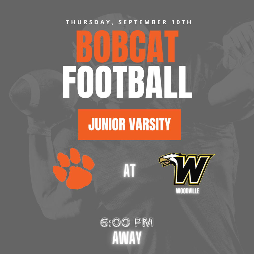 A poster shows a football player in action. Text reads "Bobcat Football Junior Varsity at Woodville".
