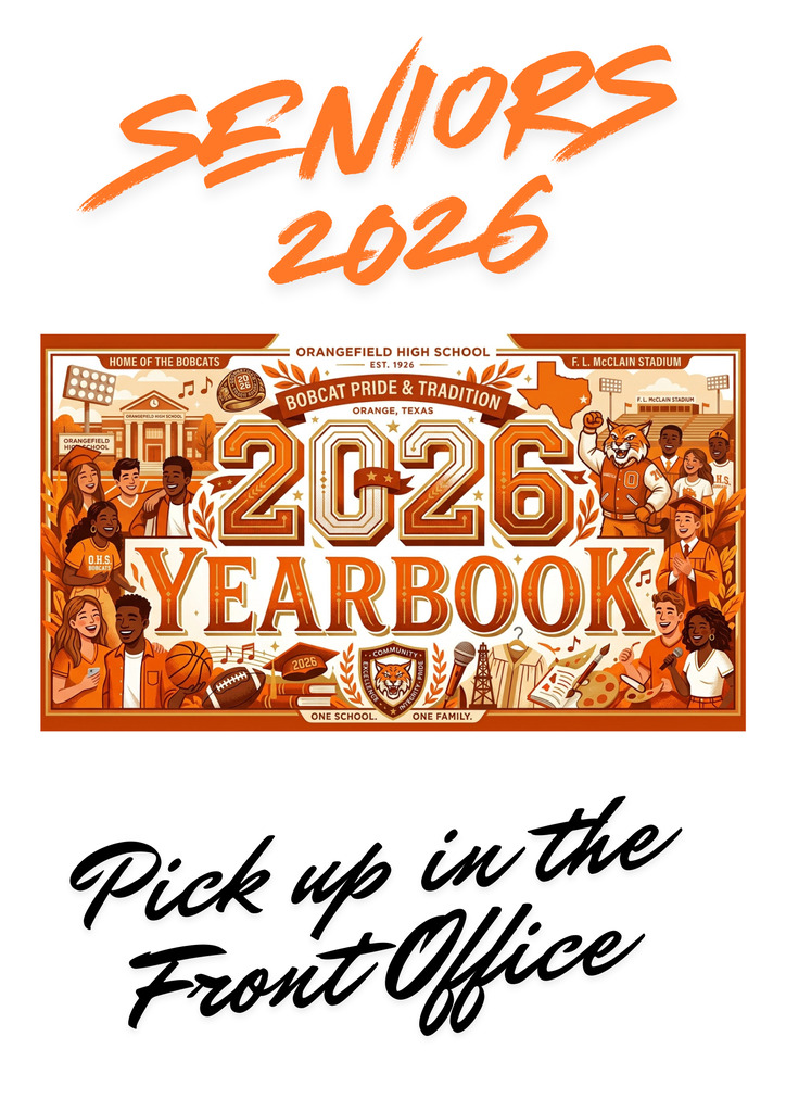 Orangefield High School yearbook for seniors 2026. Includes illustrations of students, sports, buildings, and a mascot.