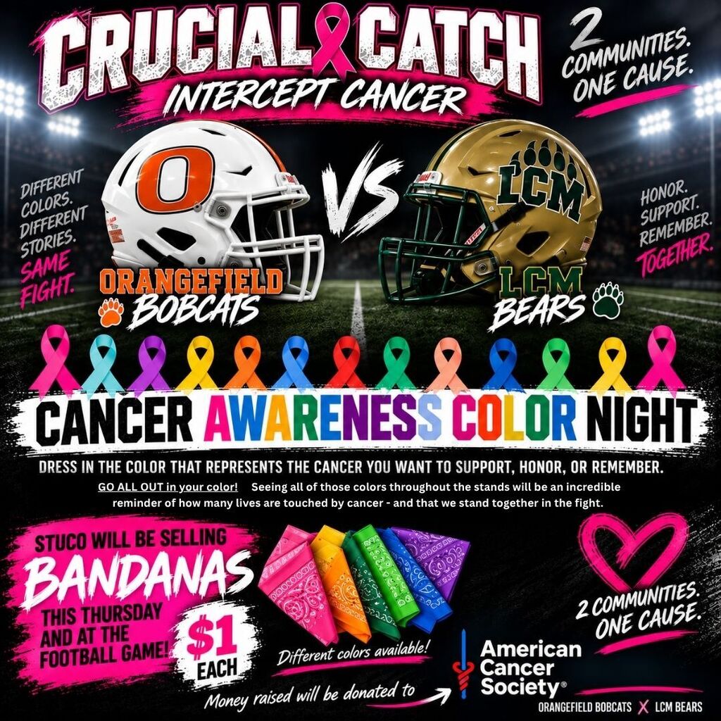 Poster with football helmets and pink ribbons. Text reads "Crucial Catch Intercept Cancer" and "Cancer Awareness Color Night".