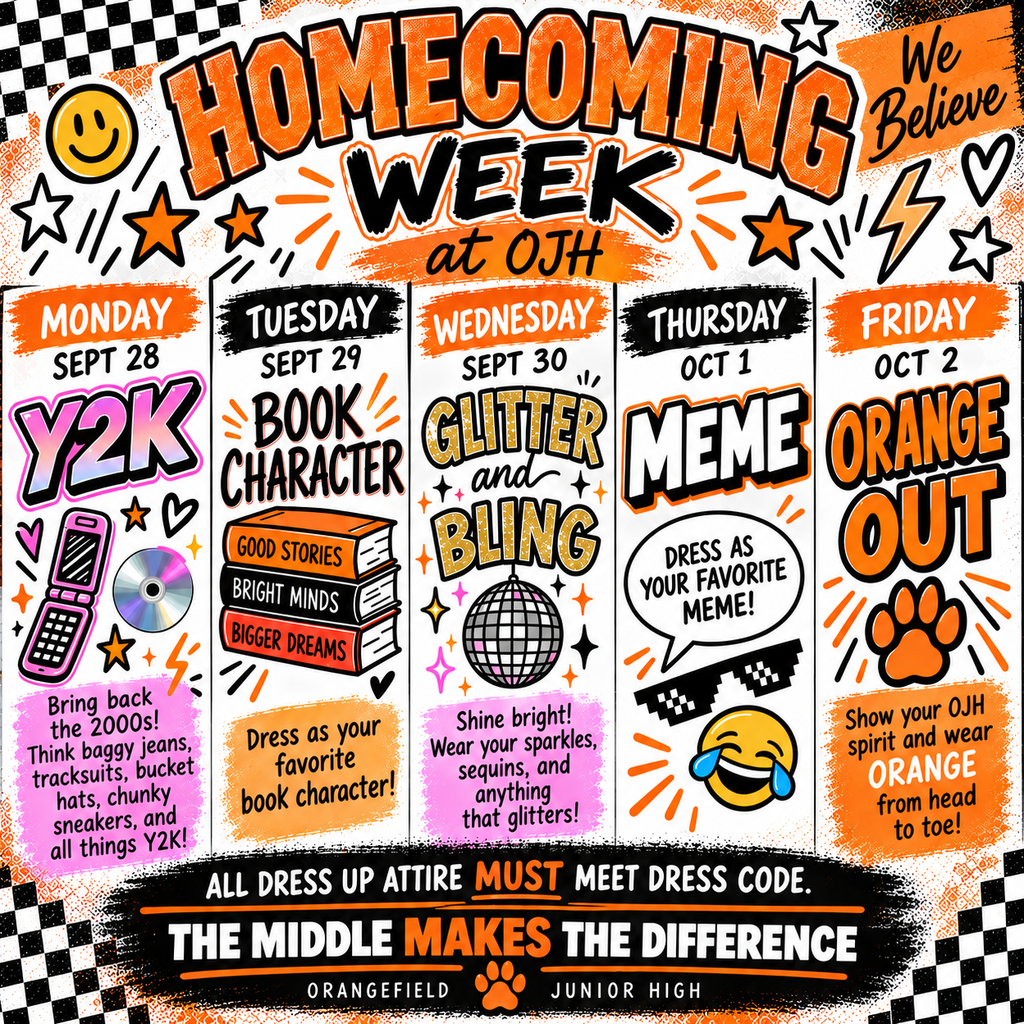 A flyer for OJH homecoming week dress-up days.