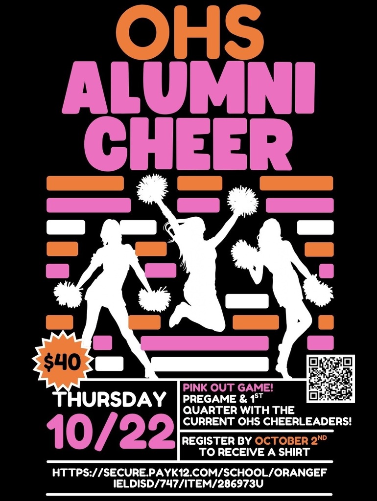 A flyer for the OHS Alumni Cheer event. It features three cheerleaders in silhouettes, a QR code, and text in orange and black.