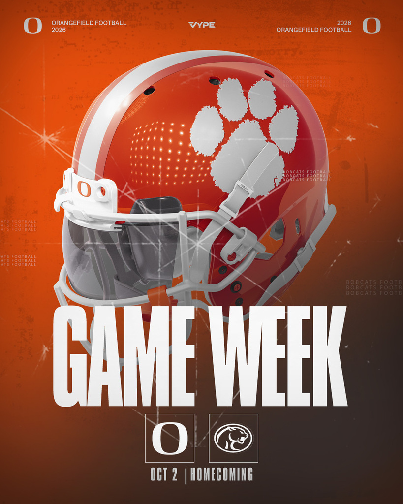 Red football helmet with a paw print on an orange background. Text "GAME WEEK" with logos and date.