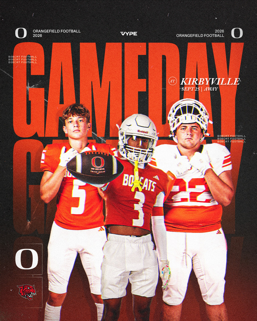 Three male football players in orange jerseys, white pants, and helmets. Player 5 holds a football. Words "GAMEDAY" and "KIRBVILLE" appear on a red background.