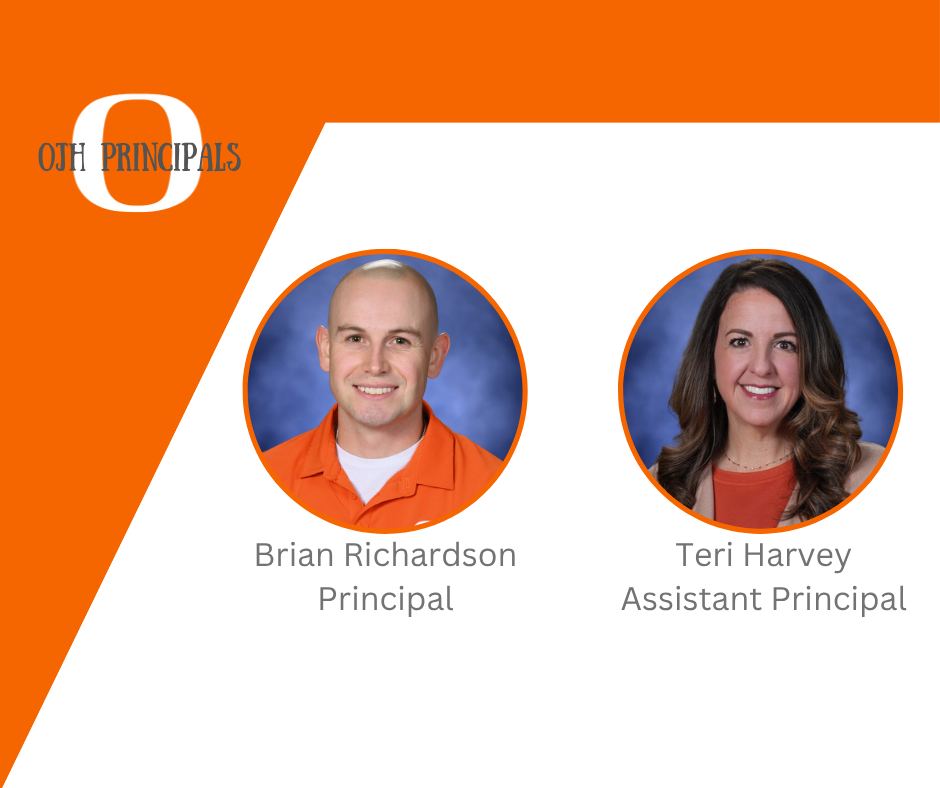 Two people, Brian Richardson and Teri Harvey, in orange frames with labels: Principal and Assistant Principal.