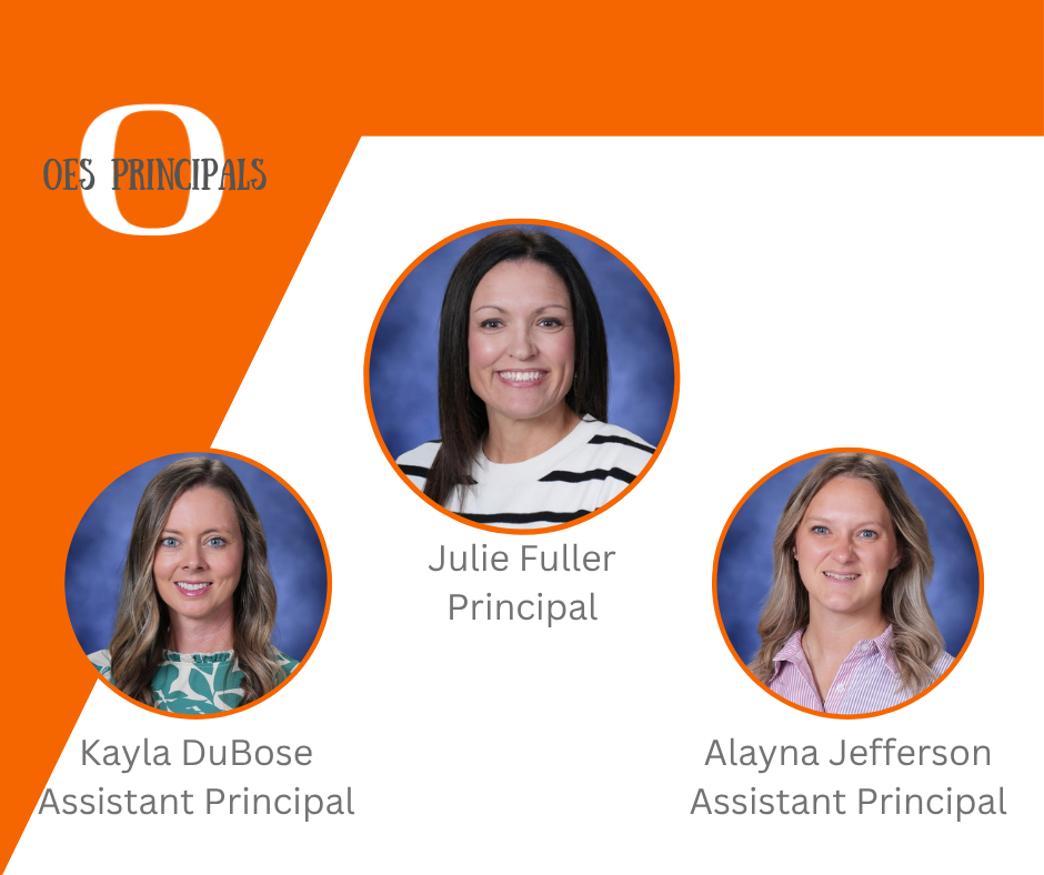 Orange-white graphic with three women: Julie Fuller, Kayla DuBose, and Alayna Jefferson. Julie Fuller labeled as Principal, Kayla DuBose and Alayna Jefferson as Assistant Principals.