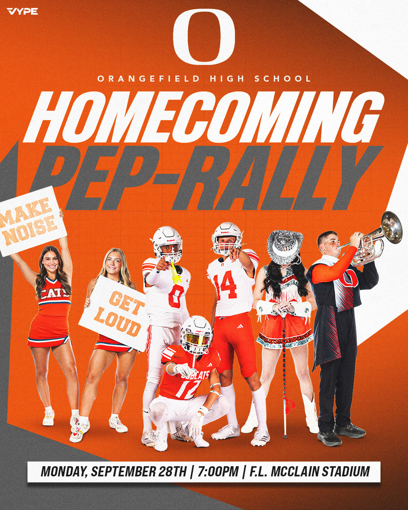 A poster for the Orangefield High School Homecoming Pep Rally. A group of students holds signs and horns.