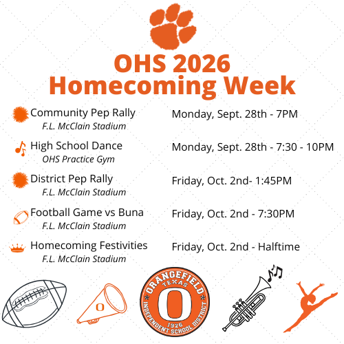 A poster lists events for OHS 2026 Homecoming Week. Includes dates and locations for pep rallies, high school dance, football game, and festivities.