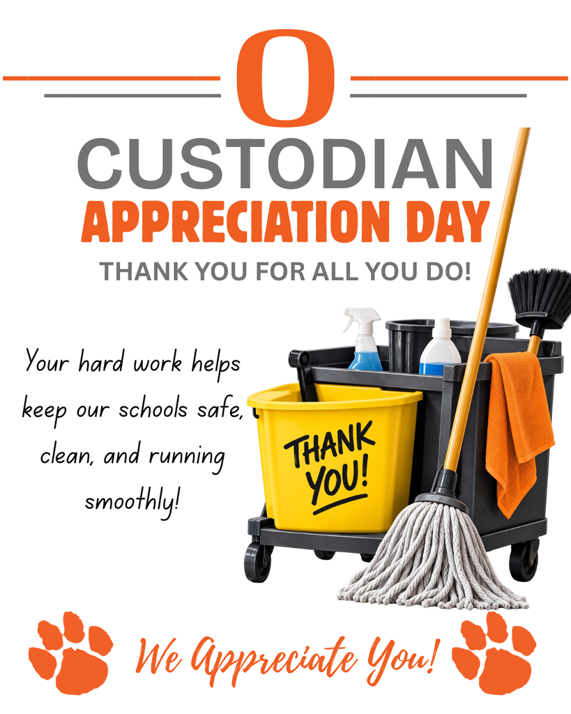 Poster says "Custodian Appreciation Day" with cleaning cart, broom, and yellow bucket. It highlights the importance of their work.