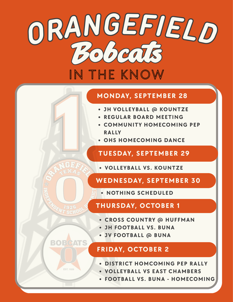 An event calendar for Orangefield Bobcats includes dates and activities from September 28 to October 1.