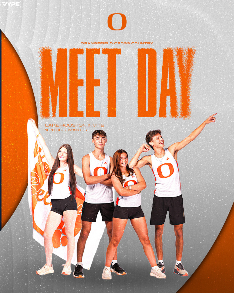 Four athletes in white jerseys and black shorts pose with arms crossed and raised. The background is gray with "Meet Day" in bold orange letters.