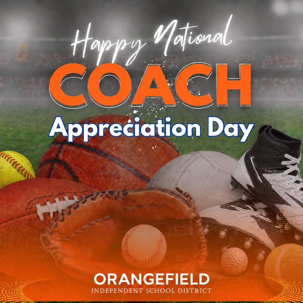 Text reads "Happy National COACH Appreciation Day." Various sports equipment such as balls, gloves, and shoes. Background is a sports field.