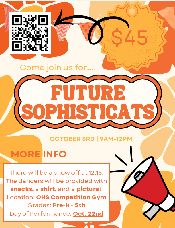 An orange and yellow flyer advertises the "Future Sophisticats" event. It features a QR code, a megaphone, and a price of $45.