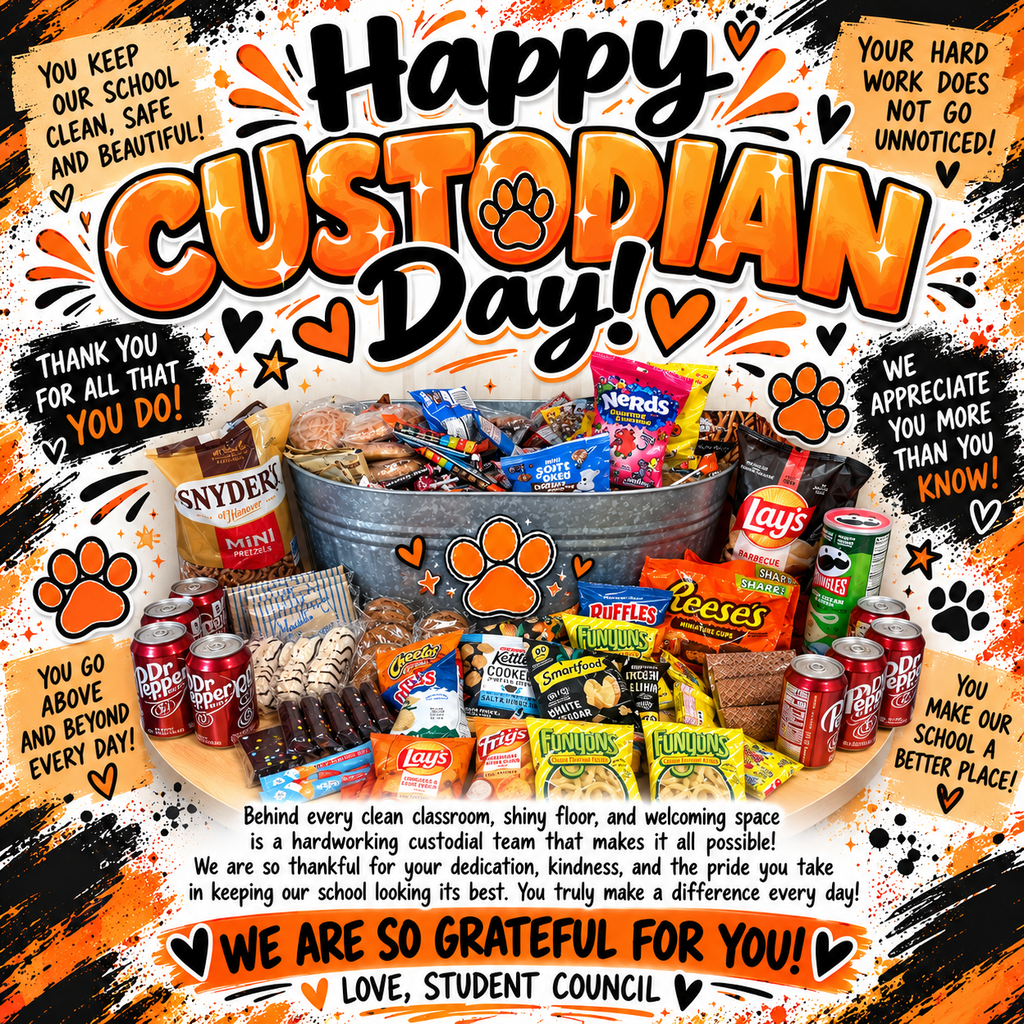 Poster with orange, black, and white colors featuring a bucket of various snacks and a paw print.