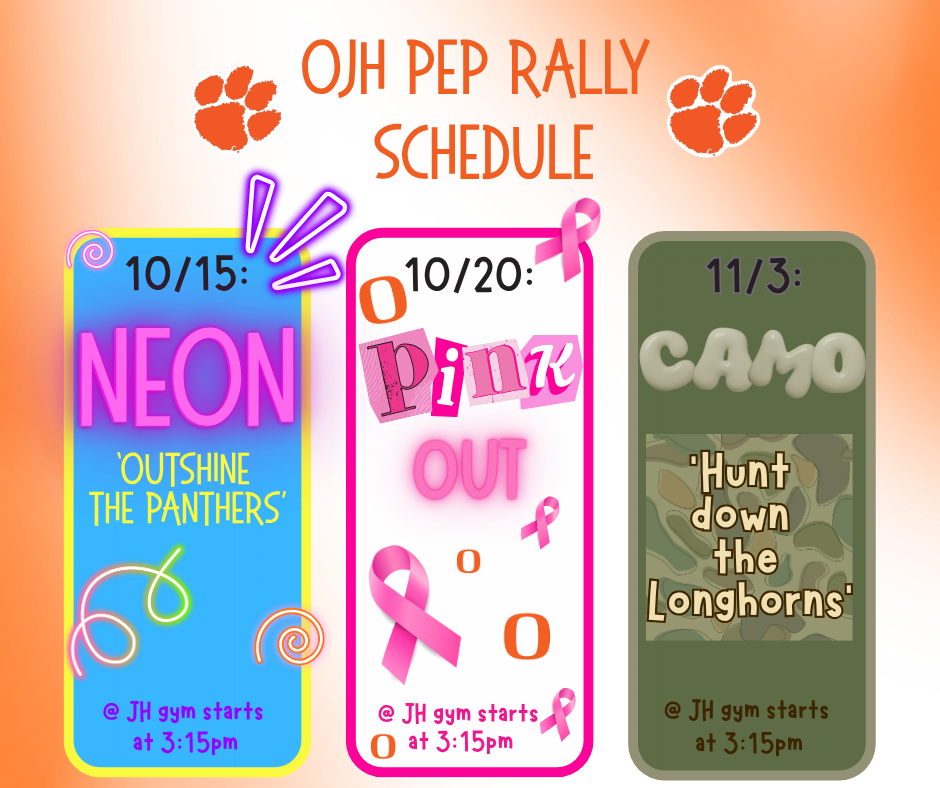 Flyer for the dress-up days for OJH pep rallies.