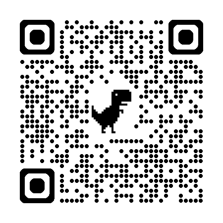 Black and white QR code with a pixelated dinosaur image in the center.
