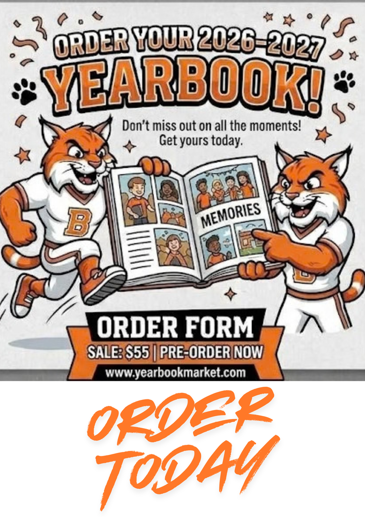 Advertisement poster for a yearbook with two bobcats holding a book open to photos. Text reads "ORDER YOUR 2026-2027 YEARBOOK!"