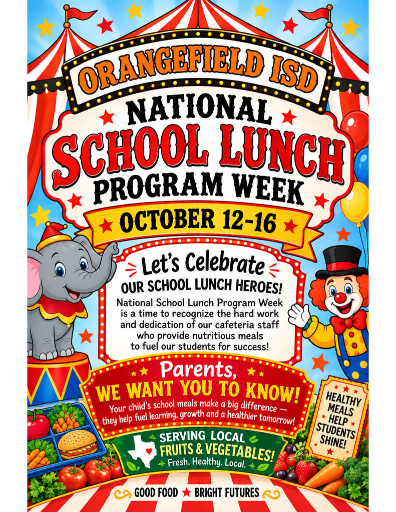 Colorful poster with text "National School Lunch Program Week October 12-16". It features an elephant, a clown, and healthy foods.
