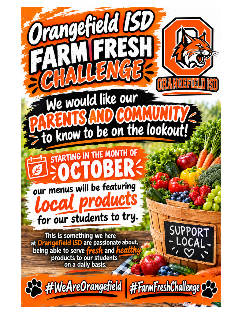 An advertisement for Orangefield ISD's Farm Fresh Challenge. A basket of vegetables and fruit is pictured.