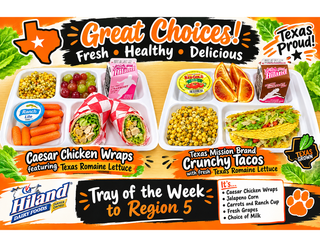 Tray with Caesar Chicken Wraps, corn, grapes, and other items. Tray of the Week to Region 5.