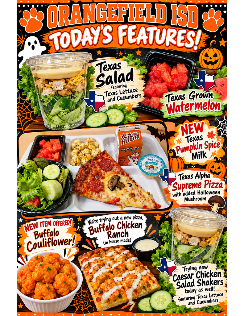 A menu displays food options, including Texas Salad, Texas Grown Watermelon, and a new Pumpkin Spice Milk.