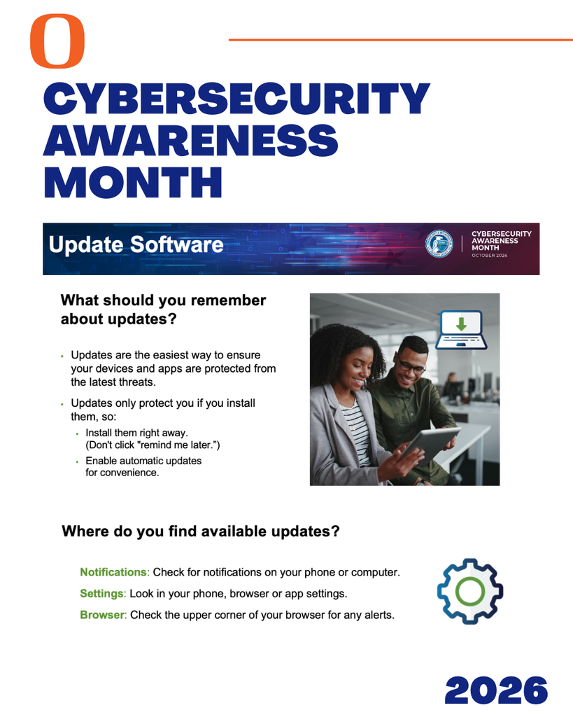 Cybersecurity Awareness Month 2026 poster. Shows adults updating software. Text: Update Software. What to remember about updates.