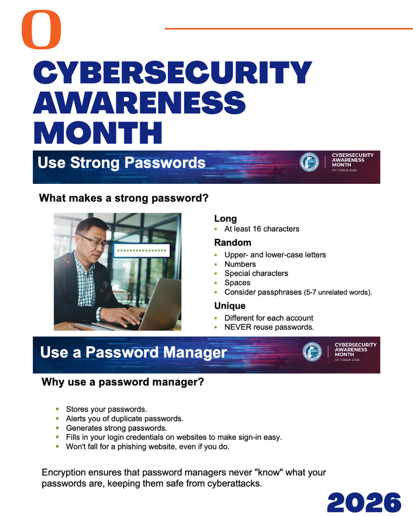 A poster about cybersecurity awareness month. It displays text and an image of a person working on a laptop.