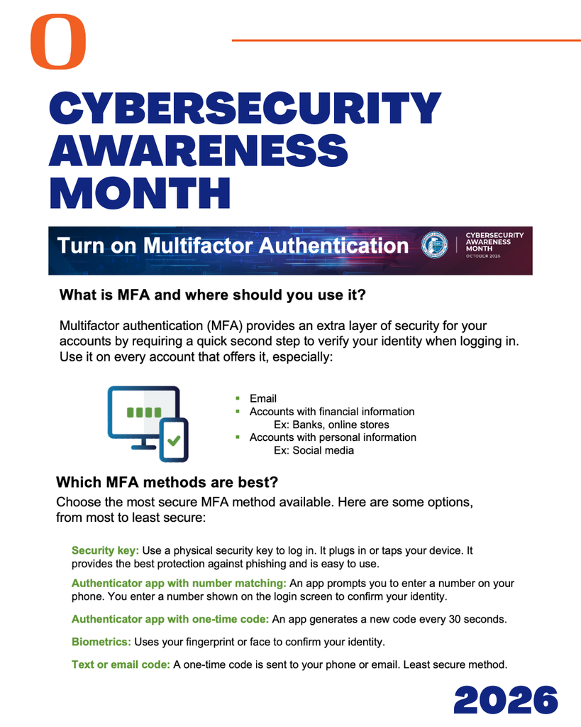 Cybersecurity Awareness Month header with a blue banner. Text reads: "Turn on Multifactor Authentication". Icons and descriptions of different accounts.